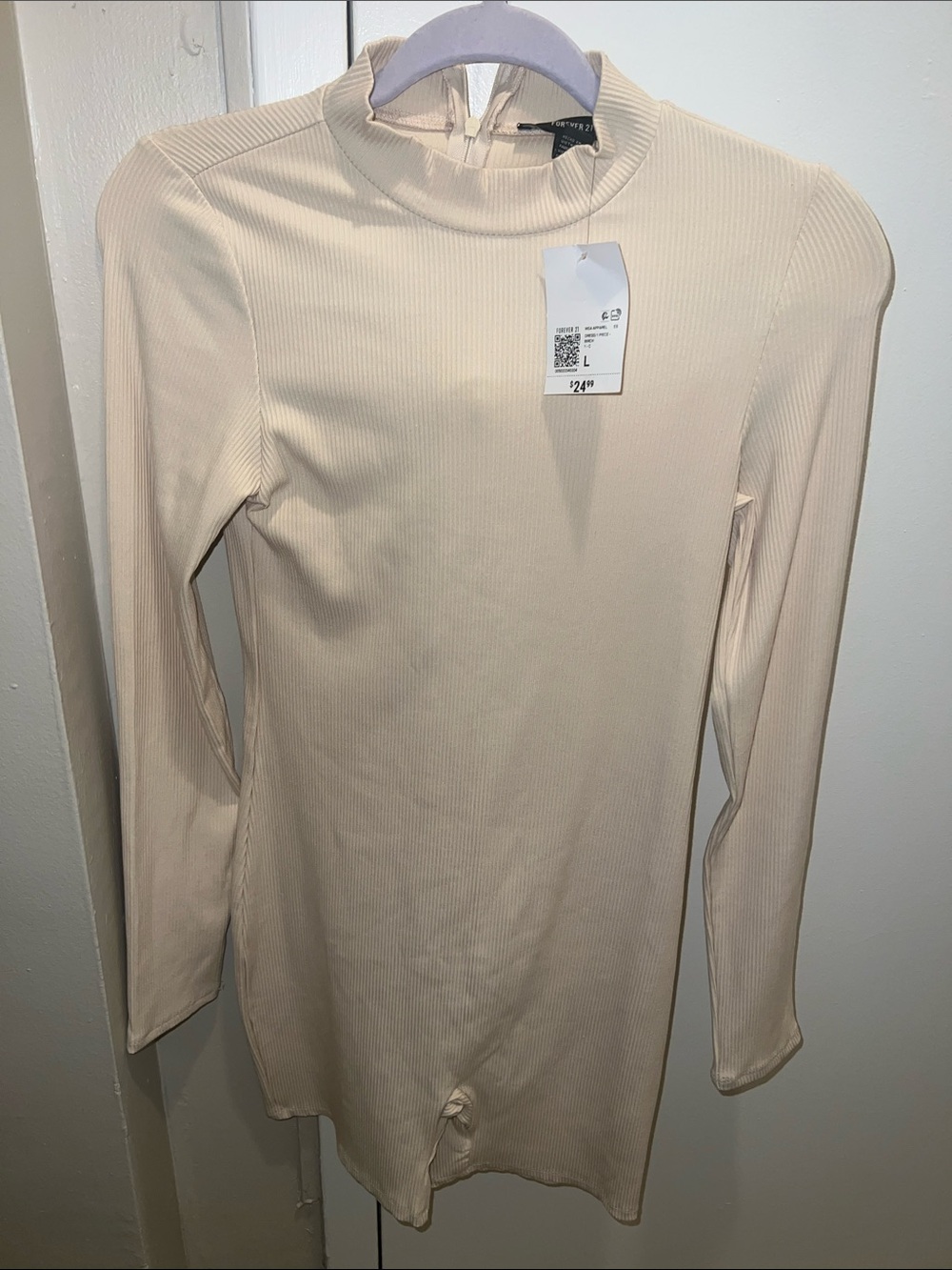 Forever 21 Beige Ribbed Long Sleeve Mock Neck Bodysuit